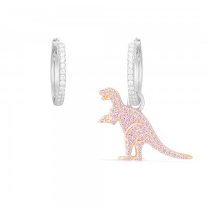 Asymmetric Silver Earrings With Little Pink Rexy