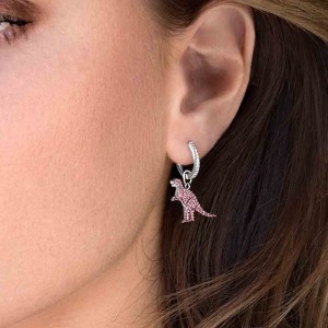 Asymmetric Silver Earrings With Little Pink Rexy