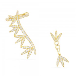 Yellow Silver Asymmetric Laurel Leaves Clip Earrings