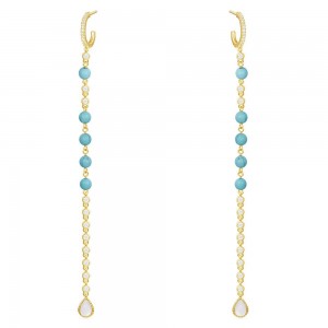Yellow Silver Leaves Long Earrings With Turquoise Beads