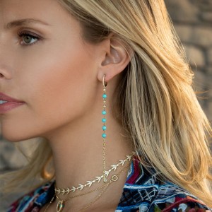 Yellow Silver Leaves Long Earrings With Turquoise Beads