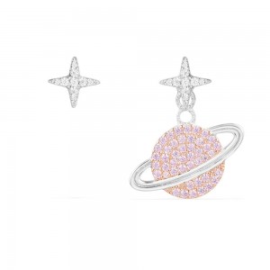 Asymmetric Silver Pink Planet Earring Set