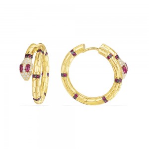 Yellow Silver Uraeus Hoop Earrings With Synthetic Red Stone