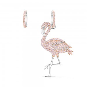 Silver Pink Flamingo Asymmetric Earrings