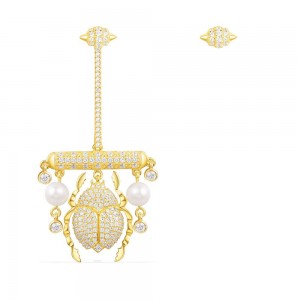 Yellow Silver Scarab Asymmetric Earrings With Pearl