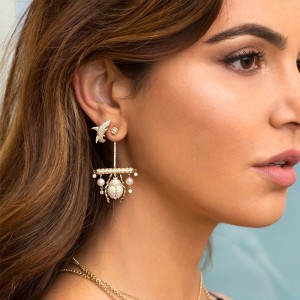 Yellow Silver Scarab Asymmetric Earrings With Pearl
