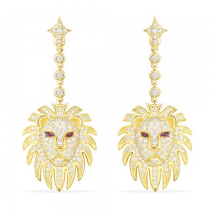 Yellow Silver Lion Statement Earrings With Synthetic Red Stone