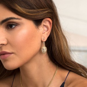 Yellow Silver Lion Statement Earrings With Synthetic Red Stone