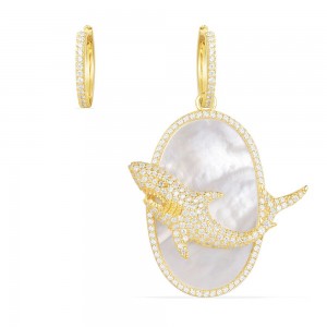 Yellow Silver Asymmetric  Shark Earrings With Mother Of Pearl