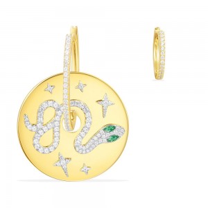 Yellow Silver Asymmetric Uraeus Earrings With Green Nano Zirconia Stone