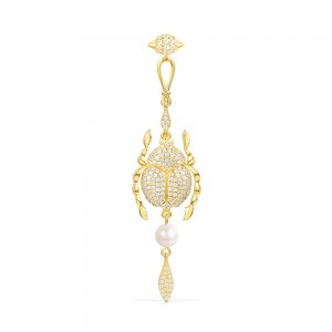 Yellow Silver Mono Scarab Earring With Pearl