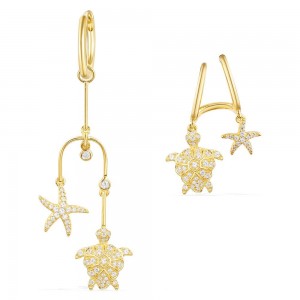 Yellow Silver Asymmetric Sea Turtle With Starfish Earrings