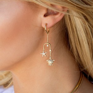 Yellow Silver Asymmetric Sea Turtle With Starfish Earrings