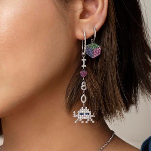 Asymmetric Silver 'space Shooter' Long Earrings