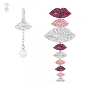 Asymmetric Silver Multicolor Lips Earrings With Pearl