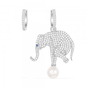 Asymmetric Silver Equilibre Elephant Earrings With Pearl