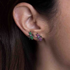 Mono Dark Grey Silver Red 'ants' Stud Earring