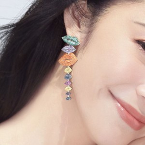 Asymmetric Silver  Multicolor Lips  Earrings