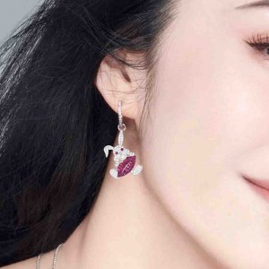 Asymmetric Silver Rabbit With Red Lip  Earrings