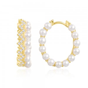 Yellow Silver Up And Down Hoop Earrings With Pearl