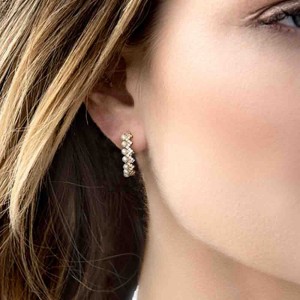 Yellow Silver Up And Down Hoop Earrings With Pearl