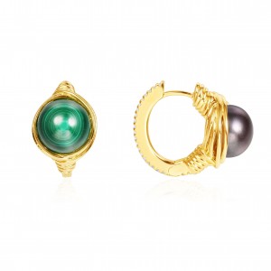 Asymmetric Yellow Silver Intemporel Malachite & Grey Pearl Earrings