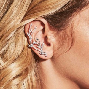 Asymmetric Silver Festival Statement Leaf Ear Cuff With Stud