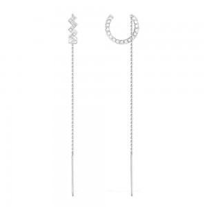 Silver Up And Down Earrings With Dropping Chains