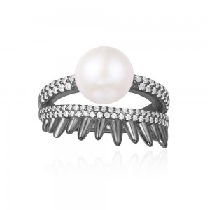 Dark Gray Silver 'spike' Ring With Pearl