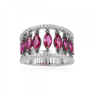 Silver Cascade Ring With Synthetic Red Stone