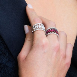 Silver Cascade Ring With Synthetic Red Stone
