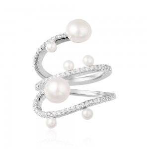 Silver 3-line Ring With Pearl