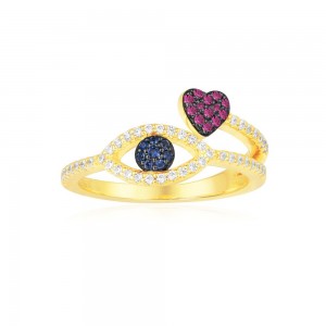 Yellow Silver Ring With Lucky Eye And Heart