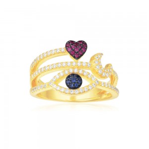 Yellow Silver Ring With Lucky Eye, Heart And Crescent Moon
