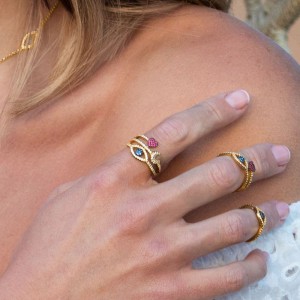 Yellow Silver Ring With Lucky Eye, Heart And Crescent Moon