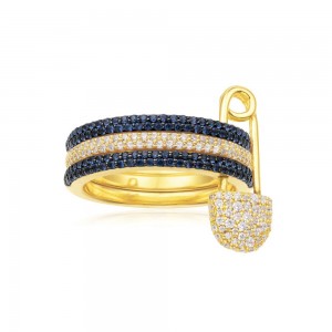Yellow Silver Safety Pin Trio Ring With Blue Stones