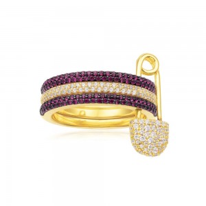 Yellow Silver Safety Pin Trio Ring With Red Stones