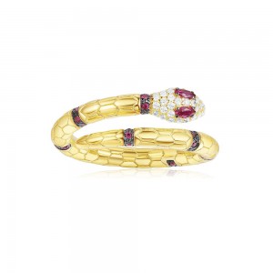 Yellow Silver Uraeus Ring With Synthetic Red Stone