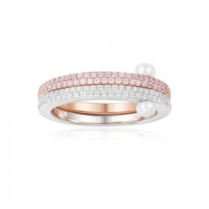 Silver Pink Ring With Mini Pearl Duo
