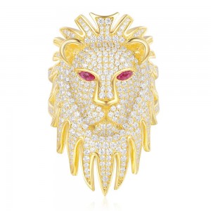 Yellow Silver Lioness Statement Ring With Synthetic Red Stone