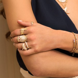 Yellow Silver Lioness Statement Ring With Synthetic Red Stone