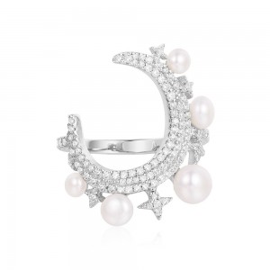 Silver Moon Ring With Baby Pearls