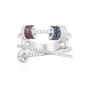 3-line Pave Silver Ring With Colors Sliding Mini Rings