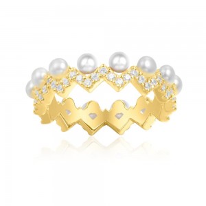Yellow Silver Up And Down Ring With Pearl