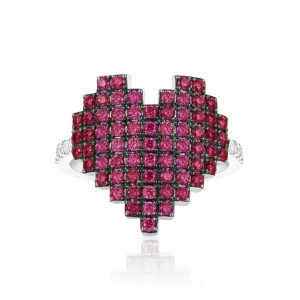 Silver Pixel Heart Red Ring