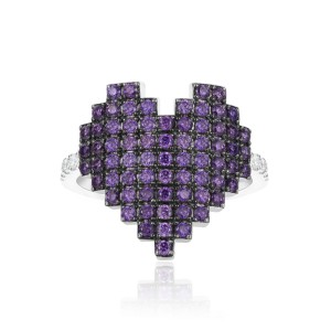 Silver Pixel Heart Purple Ring