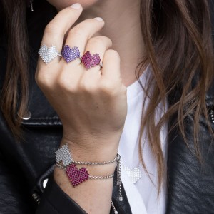 Silver Pixel Heart Purple Ring