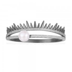 Dark Gray Silver 'spike' Bangle With Pearl