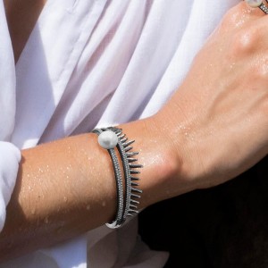 Dark Gray Silver 'spike' Bangle With Pearl