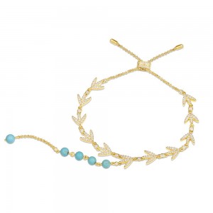 Yellow Silver Laurel Leaves Bracelet With Turquoise Beads